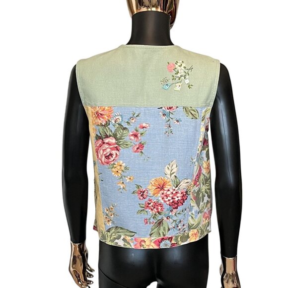 Susan Bristol Multicolor Patchwork Floral Linen Cotton Button Front Vest Small - Picture 3 of 13